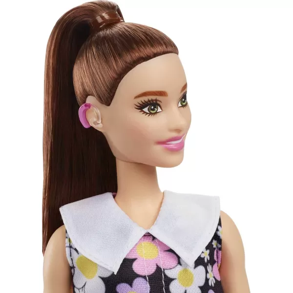 imageBarbie Fashionistas Doll 187 with BehindtheEar Hearing Aids Brunette Ponytail Shift Dress ampamp Pink BootsArt Sports Modern