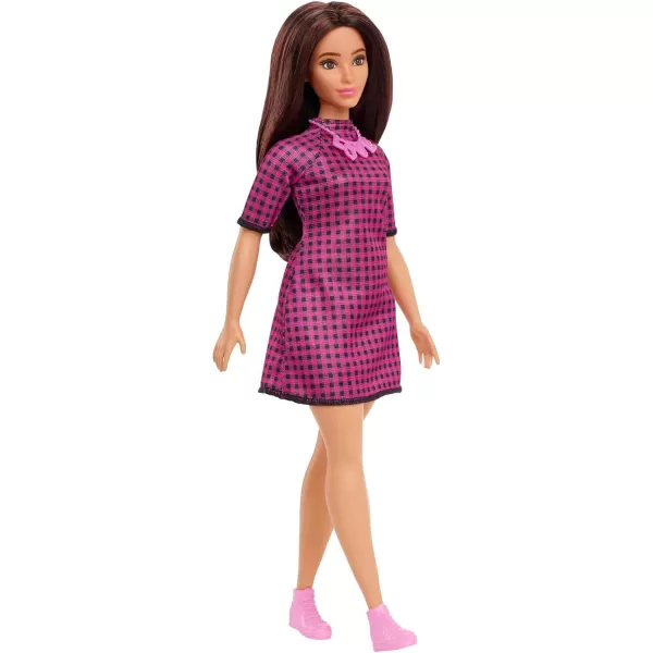 imageBarbie Fashionistas Doll 188 Curvy with Black Hair Checkered Dress ampamp Accessories Including Pink Sneakers ampamp Necklace