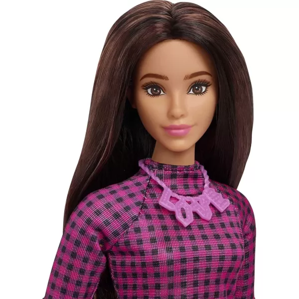 imageBarbie Fashionistas Doll 188 Curvy with Black Hair Checkered Dress ampamp Accessories Including Pink Sneakers ampamp Necklace