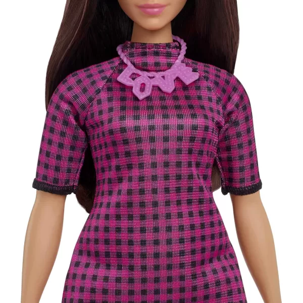 imageBarbie Fashionistas Doll 188 Curvy with Black Hair Checkered Dress ampamp Accessories Including Pink Sneakers ampamp Necklace