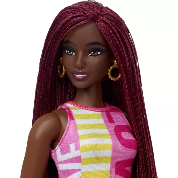 imageBarbie Fashionistas Doll 189 Curvy with Crimson Braids Sleeveless Love Dress ampamp Accessories Including Sneakers ampamp Hoop Earrings