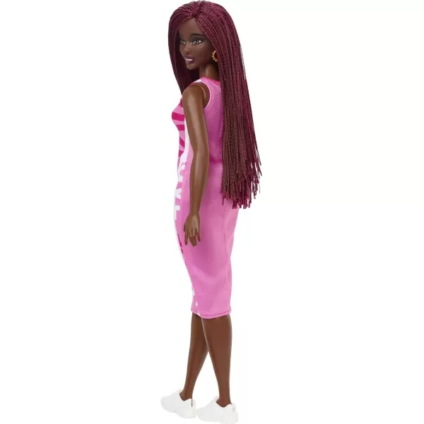 imageBarbie Fashionistas Doll 189 Curvy with Crimson Braids Sleeveless Love Dress ampamp Accessories Including Sneakers ampamp Hoop Earrings