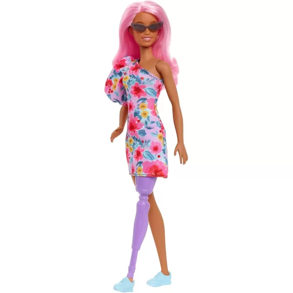 imageBarbie Fashionistas Doll 189 with Pink Hair ampamp Prosthetic Leg Wearing Floral Dress ampamp Accessories Including Sneakers ampamp Sunglasses