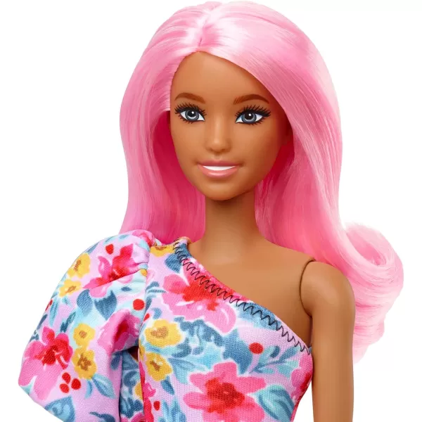 imageBarbie Fashionistas Doll 189 with Pink Hair ampamp Prosthetic Leg Wearing Floral Dress ampamp Accessories Including Sneakers ampamp Sunglasses