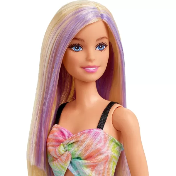 imageBarbie Fashionistas Doll 190 with PurpleStreaked Blonde Hair Romper Dress Yellow Wedge Sneakers ampamp Bracelet Accessory