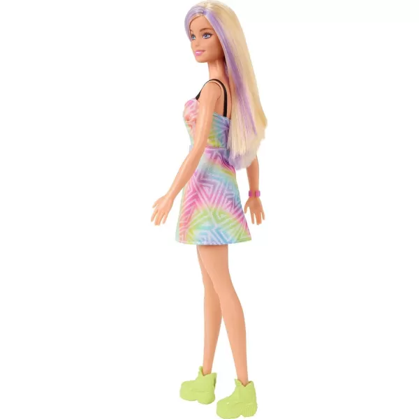 imageBarbie Fashionistas Doll 190 with PurpleStreaked Blonde Hair Romper Dress Yellow Wedge Sneakers ampamp Bracelet Accessory