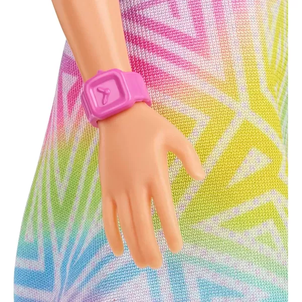 imageBarbie Fashionistas Doll 190 with PurpleStreaked Blonde Hair Romper Dress Yellow Wedge Sneakers ampamp Bracelet Accessory