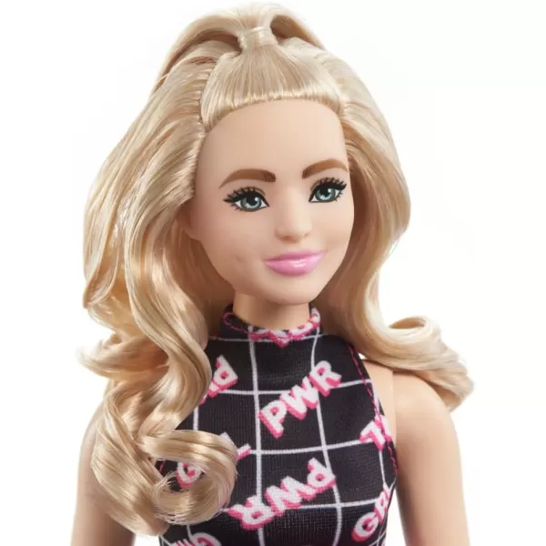 imageBarbie Fashionistas Doll 201 Athletic Body with Curly Brunette Hair GraffitiPrint Dress ampamp Accessories Including Boots ampamp Chain NecklaceGirl Power