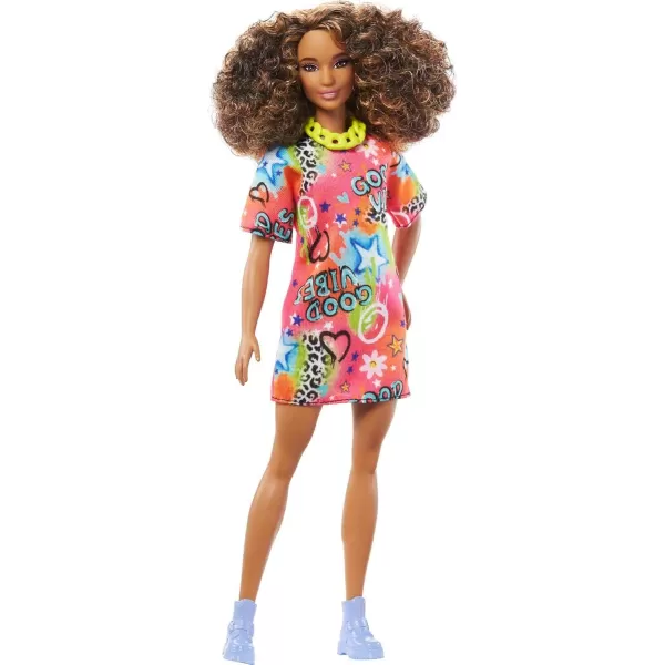 imageBarbie Fashionistas Doll 201 Athletic Body with Curly Brunette Hair GraffitiPrint Dress ampamp Accessories Including Boots ampamp Chain NecklaceGood Vibes TShirt Dress