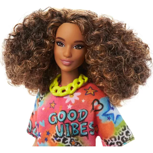 imageBarbie Fashionistas Doll 201 Athletic Body with Curly Brunette Hair GraffitiPrint Dress ampamp Accessories Including Boots ampamp Chain NecklaceGood Vibes TShirt Dress