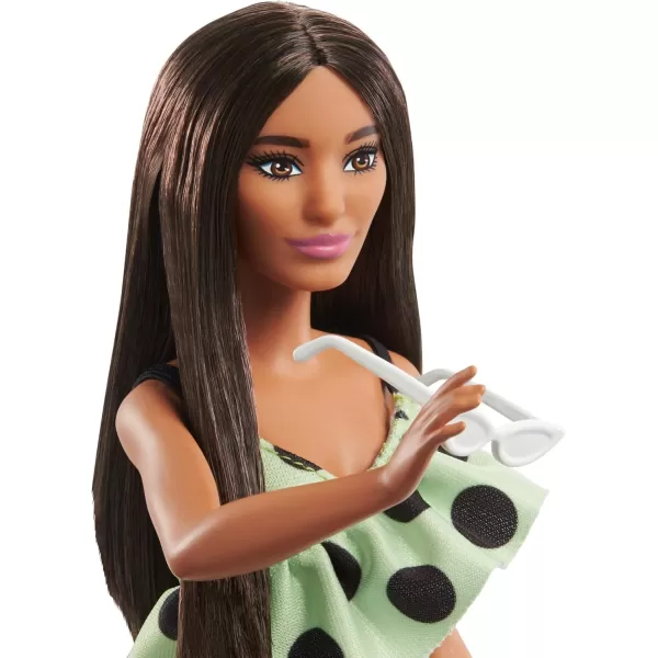 imageBarbie Fashionistas Doll 201 Athletic Body with Curly Brunette Hair GraffitiPrint Dress ampamp Accessories Including Boots ampamp Chain NecklaceGreen Polka Dots