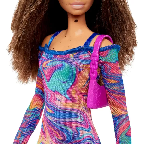 imageBarbie Fashionistas Doll 206 with Crimped Hair ampamp Freckles Wearing Removable Rainbow MarblePrint Dress Green Mules ampamp PurseFashionista Doll