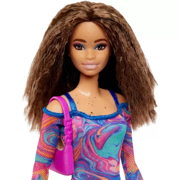 imageBarbie Fashionistas Doll 206 with Crimped Hair ampamp Freckles Wearing Removable Rainbow MarblePrint Dress Green Mules ampamp PurseFashionista Doll