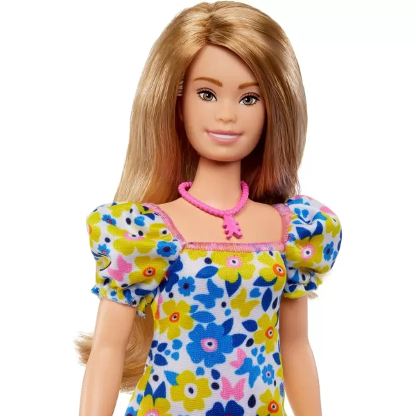 imageBarbie Fashionistas Doll 208 Doll with Down Syndrome Wearing Floral Dress Created in Partnership with The National Down Syndrome SocietyBlue pink white