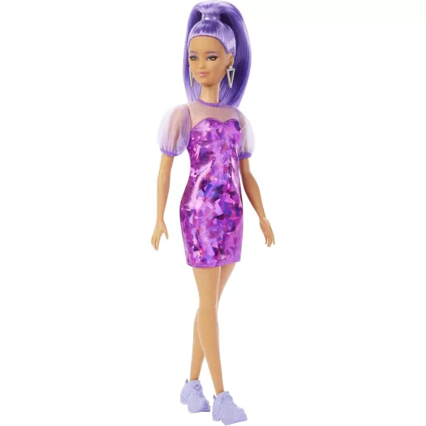 imageBarbie Fashionistas Doll Petite Long Purple Hair ampamp Purple Metallic Dress Sheer Bodice ampamp Sleeves Purple Sneakers Toy for Kids 3 to 8 Years Old