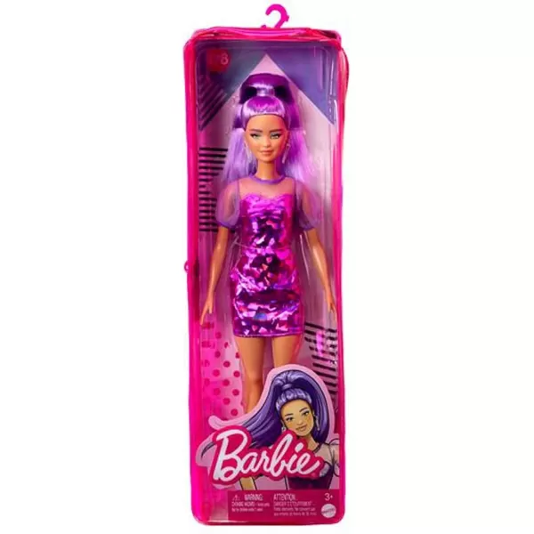 imageBarbie Fashionistas Doll Petite Long Purple Hair ampamp Purple Metallic Dress Sheer Bodice ampamp Sleeves Purple Sneakers Toy for Kids 3 to 8 Years Old