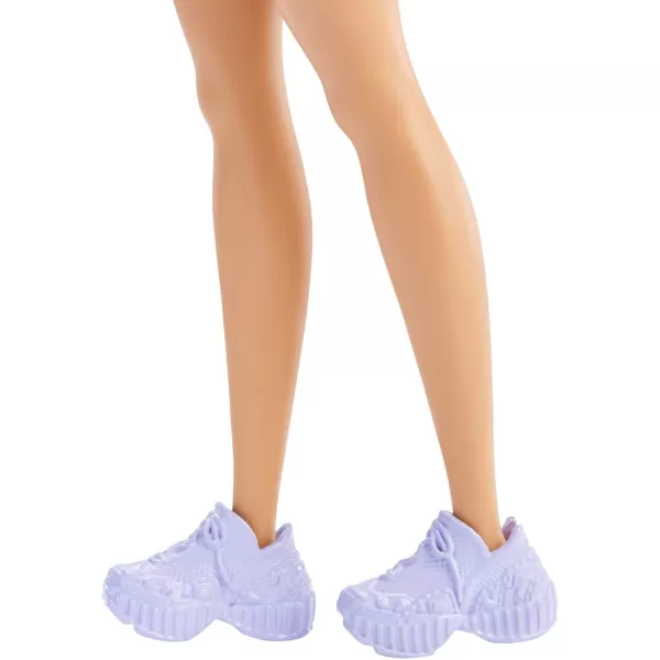 imageBarbie Fashionistas Doll Petite Long Purple Hair ampamp Purple Metallic Dress Sheer Bodice ampamp Sleeves Purple Sneakers Toy for Kids 3 to 8 Years Old