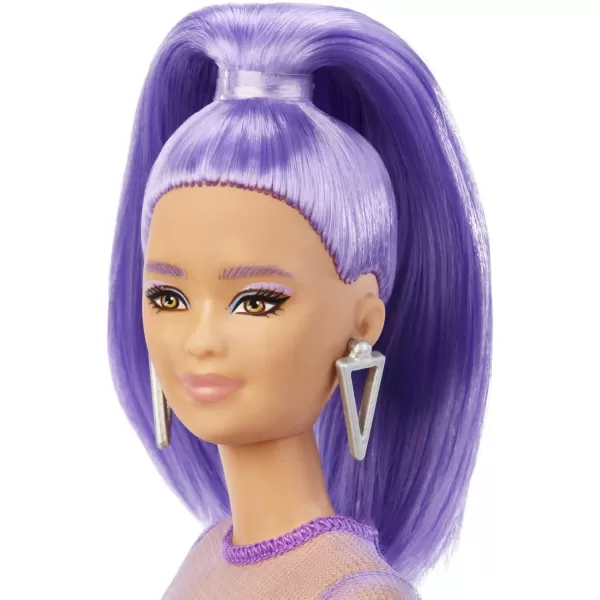 imageBarbie Fashionistas Doll Petite Long Purple Hair ampamp Purple Metallic Dress Sheer Bodice ampamp Sleeves Purple Sneakers Toy for Kids 3 to 8 Years Old
