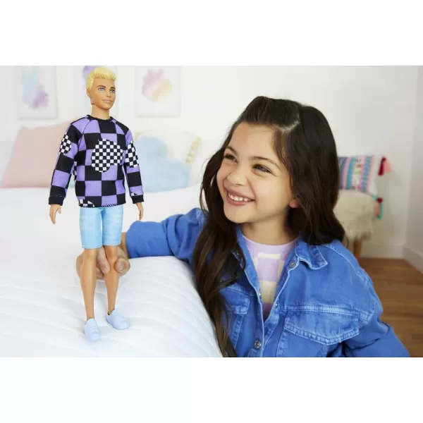 imageBarbie Fashionistas Ken Doll 191 with Blonde Cropped Hair Wearing Checkered Sweater Denim Shorts ampamp White Sneakers