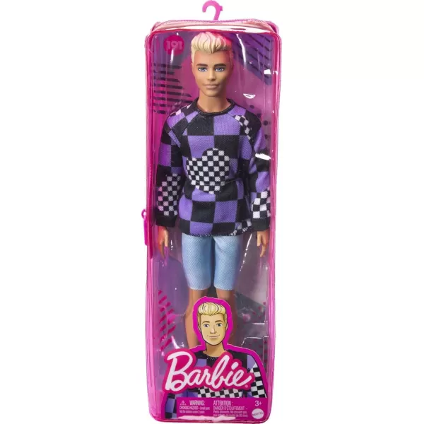 imageBarbie Fashionistas Ken Doll 191 with Blonde Cropped Hair Wearing Checkered Sweater Denim Shorts ampamp White Sneakers