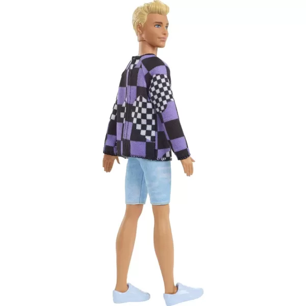 imageBarbie Fashionistas Ken Doll 191 with Blonde Cropped Hair Wearing Checkered Sweater Denim Shorts ampamp White Sneakers