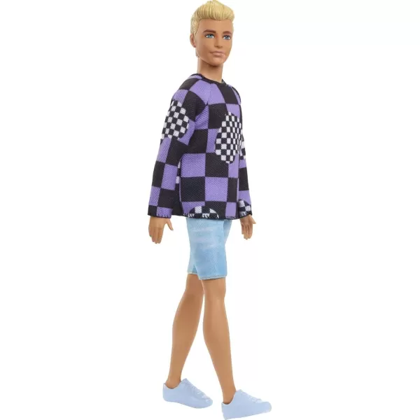 imageBarbie Fashionistas Ken Doll 191 with Blonde Cropped Hair Wearing Checkered Sweater Denim Shorts ampamp White Sneakers