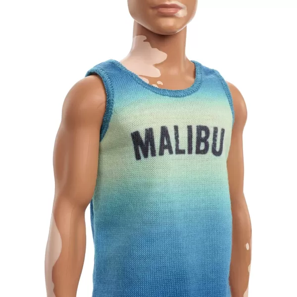 imageBarbie Fashionistas Ken Fashion Doll 192 with Brunette Cropped Hair ampamp Vitiligo in Malibu Tank Shorts ampamp Sandals