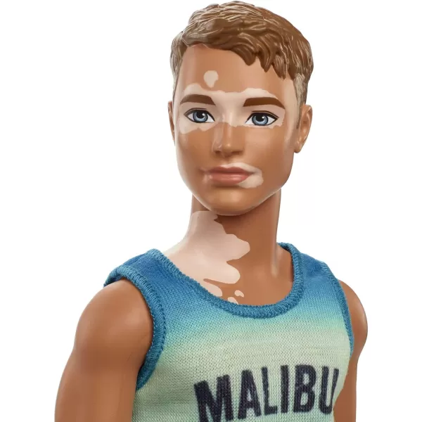 imageBarbie Fashionistas Ken Fashion Doll 192 with Brunette Cropped Hair ampamp Vitiligo in Malibu Tank Shorts ampamp Sandals