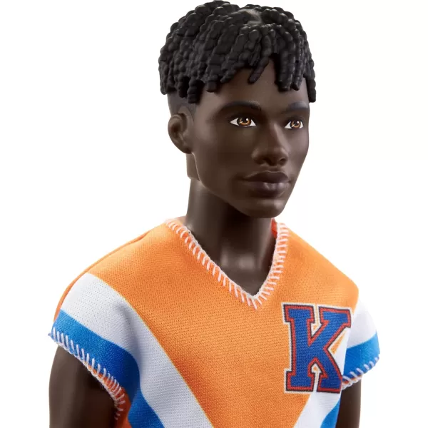 imageBarbie Fashionistas Ken Fashion Doll with Twisted Black Hair Wearing Orange Athletic Jersey Shorts ampamp White SneakersWhite