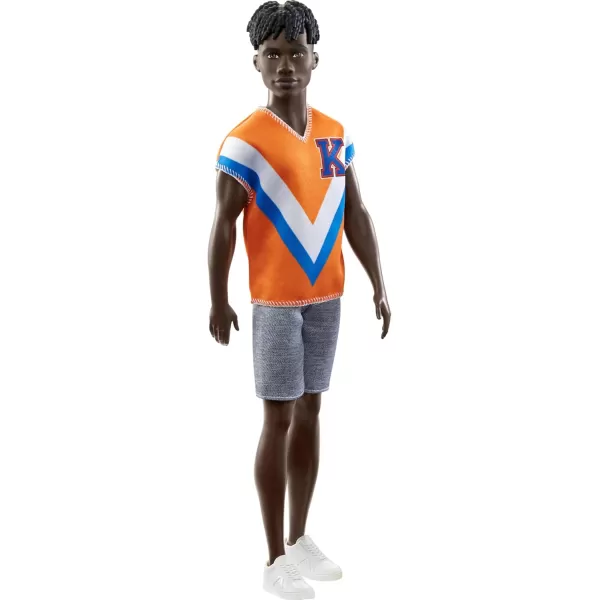 imageBarbie Fashionistas Ken Fashion Doll with Twisted Black Hair Wearing Orange Athletic Jersey Shorts ampamp White SneakersWhite