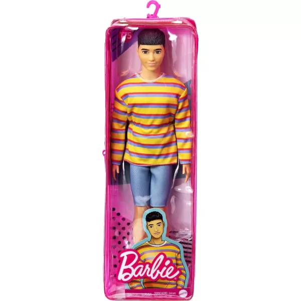 imageBarbie Ken Fashionistas Doll 175 with Brunette Hair Dressed in Colorful Striped Shirt Denim Shorts and White Boots