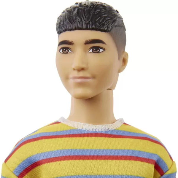 imageBarbie Ken Fashionistas Doll 175 with Brunette Hair Dressed in Colorful Striped Shirt Denim Shorts and White Boots