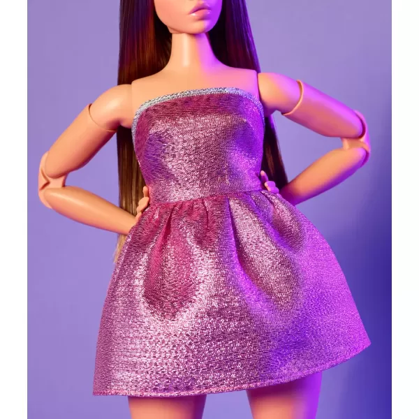 imageBarbie Looks Doll Collectible No 24 with Brown Hair ampamp Modern Y2K Fashion Shimmery Pink Strapless Dress with PeepToe Heels