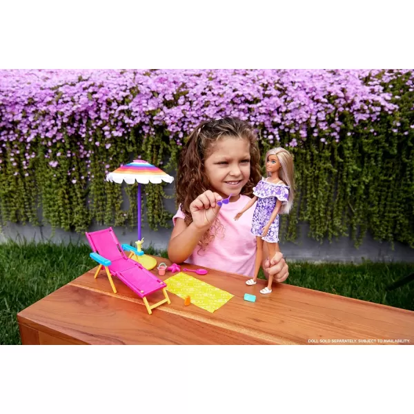 imageBarbie Loves The Ocean BeachThemed Playset with Lounge Chair Umbrella ampamp Accessories Made from Recycled Plastics Gift for 3 to 7 Year Olds1 Count Pack of 1