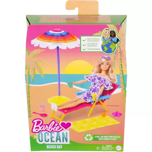 imageBarbie Loves The Ocean BeachThemed Playset with Lounge Chair Umbrella ampamp Accessories Made from Recycled Plastics Gift for 3 to 7 Year Olds1 Count Pack of 2