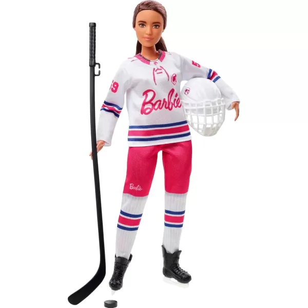 imageBarbie Winter Sports Hockey Player Brunette Doll Curvy Shape 12 in with Jersey Helmet Hockey Stick Puck ampamp Trophy Great For 3 and UpMulti