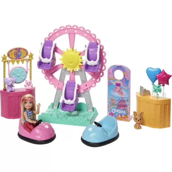 imageBarbie Club Chelsea Carnival Playset with Blonde Small Doll Pet ampamp Accessories Spinning Ferris Wheel Bumper Cars ampamp MoreCarnival