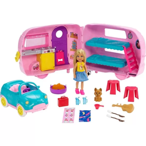 imageBarbie Club Chelsea Toy Car ampamp Camper Playset Blonde Chelsea Small Doll Puppy ampamp 10 Accessories Unhitch ampamp Open for CampsiteBarbie Club Chelsea Camper