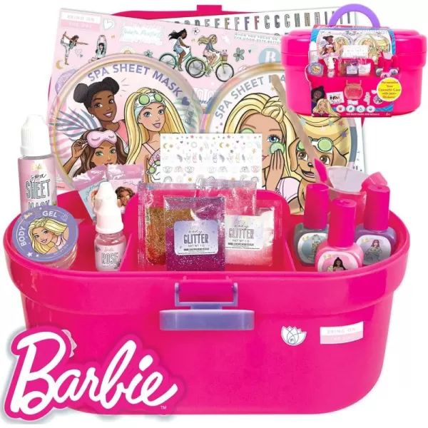 imageBarbie Cosmetic Case by Horizon Group USA DIY Beauty Kit for an atHome Spa Day Create Your Own Face Sheet Masks Nail Art ampamp Body Glitter Includes Reusable Storage Case with Removable Tray