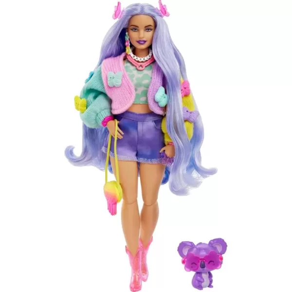 imageBarbie Extra Doll ampamp Accessories with Wavy Lavender Hair in Colorful Butterfly Sweater ampamp Pink Boots with Pet KoalaMulticolor