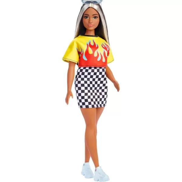 imageBarbie Fashionistas Doll 179 Curvy with Long Highlighted Hair Flame Crop Top Checkered Skirt ampamp Accessories Including Sneakers ampamp Sunglasses