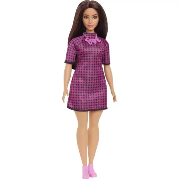 imageBarbie Fashionistas Doll 188 Curvy with Black Hair Checkered Dress ampamp Accessories Including Pink Sneakers ampamp Necklace