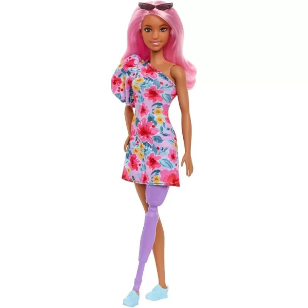 imageBarbie Fashionistas Doll 189 with Pink Hair ampamp Prosthetic Leg Wearing Floral Dress ampamp Accessories Including Sneakers ampamp Sunglasses