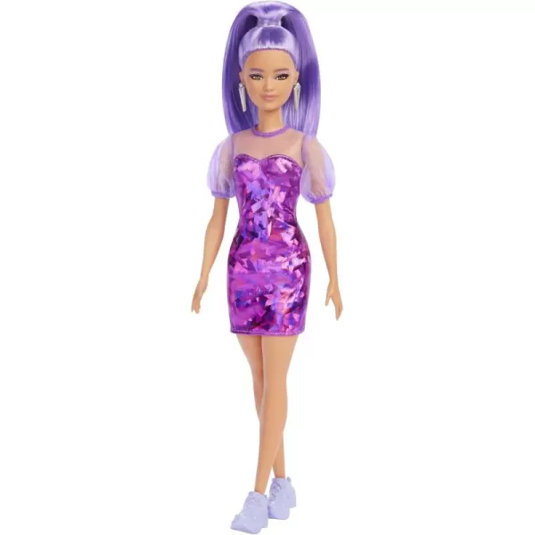 imageBarbie Fashionistas Doll Petite Long Purple Hair ampamp Purple Metallic Dress Sheer Bodice ampamp Sleeves Purple Sneakers Toy for Kids 3 to 8 Years Old