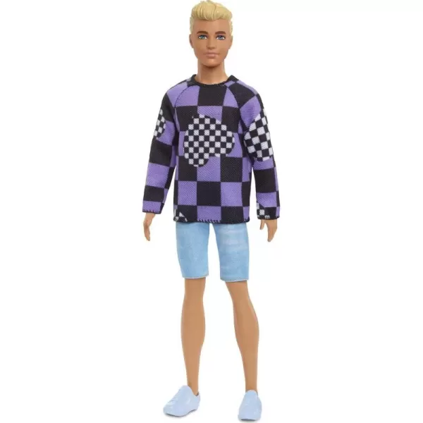 imageBarbie Fashionistas Ken Doll 191 with Blonde Cropped Hair Wearing Checkered Sweater Denim Shorts ampamp White Sneakers