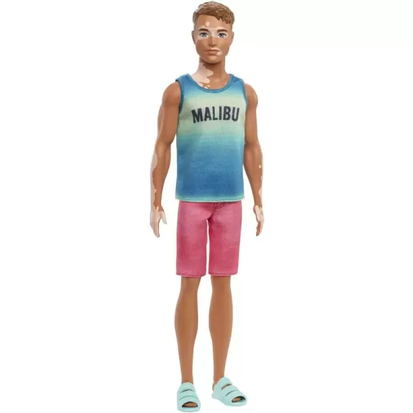 imageBarbie Fashionistas Ken Fashion Doll 192 with Brunette Cropped Hair ampamp Vitiligo in Malibu Tank Shorts ampamp Sandals