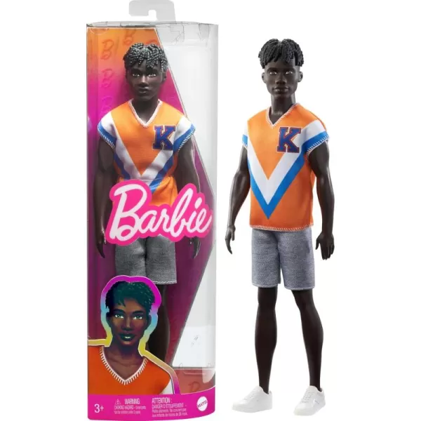 imageBarbie Fashionistas Ken Fashion Doll with Twisted Black Hair Wearing Orange Athletic Jersey Shorts ampamp White SneakersWhite