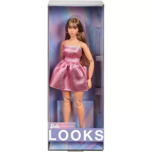 imageBarbie Looks Doll Collectible No 24 with Brown Hair ampamp Modern Y2K Fashion Shimmery Pink Strapless Dress with PeepToe Heels