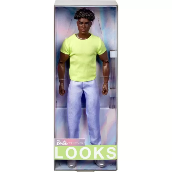 imageBarbie Looks Ken Doll Collectible No 25 with Curly Black Hair ampamp Modern Y2K Fashion Chartreuse Tee ampamp Pastel Trousers with Silver Boots