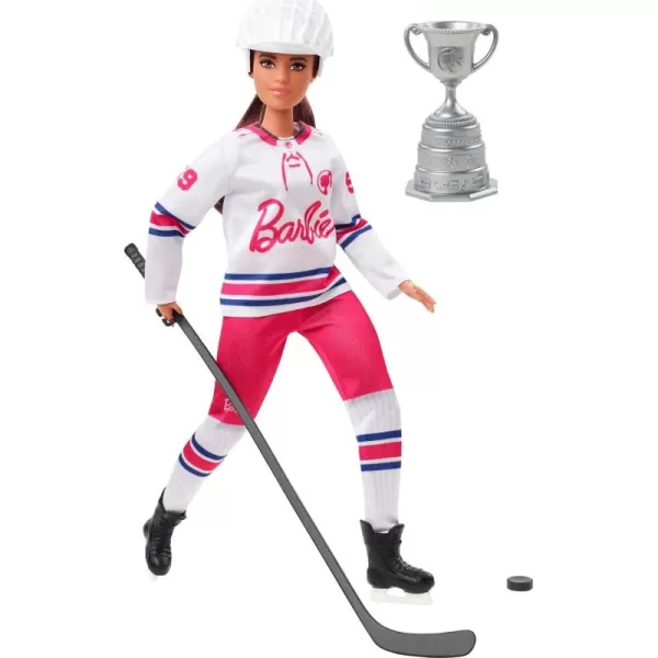 imageBarbie Winter Sports Hockey Player Brunette Doll Curvy Shape 12 in with Jersey Helmet Hockey Stick Puck ampamp Trophy Great For 3 and UpMulti